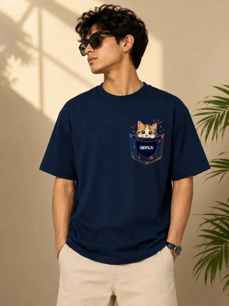 Pocket Kitty Navy Blue T-Shirt (S)